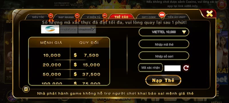 Gửi tiền ví game nhà cái qua thẻ cào 